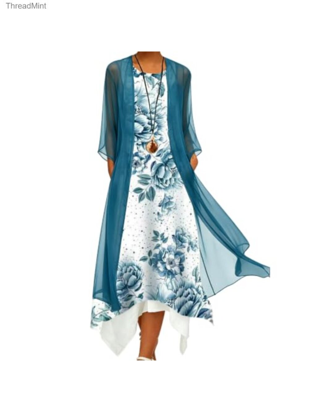 Women's Linen 2 Piece Dress Set with Sheer Jacket Maxi Sleeveless
